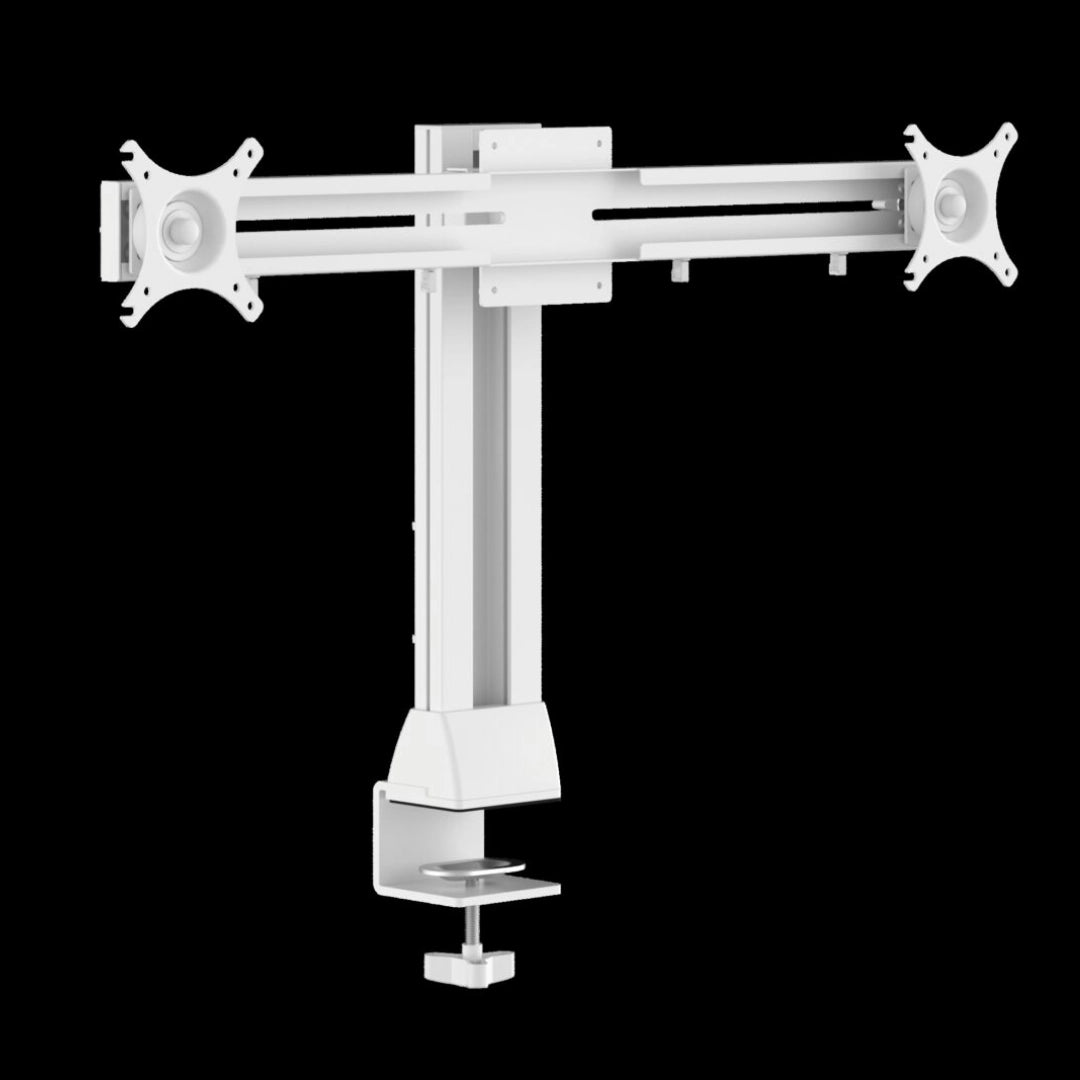 The product is a manual single monitor arm, designed to hold a computer monitor. It features a sleek white design with adjustable arms for optimal positioning. The base includes a clamp for secure attachment to a desk or table.