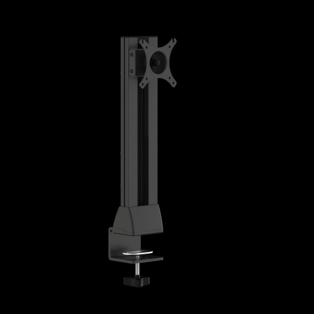 The product is a single monitor arm designed for ergonomic use in an office setting. It features a sleek, black design with a vertical pole and a mounting bracket for attaching a monitor. The base is equipped with a clamp for secure attachment to a desk.