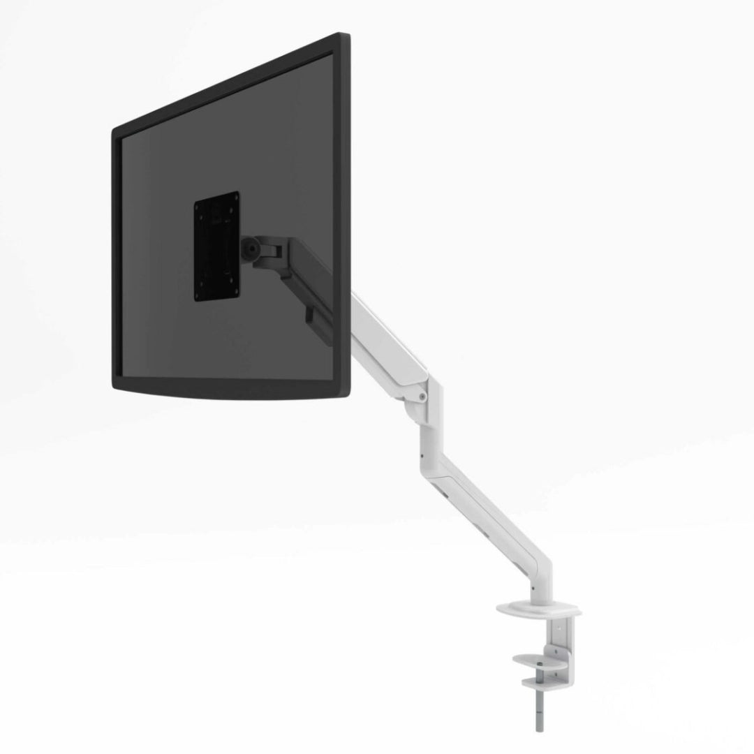 The product is a single monitor arm, designed for ergonomic desk setups. It features a sleek, modern design with a white arm that supports a flat-screen monitor. The arm is adjustable, allowing for optimal positioning of the monitor, and includes a clamp for secure attachment to a desk.
