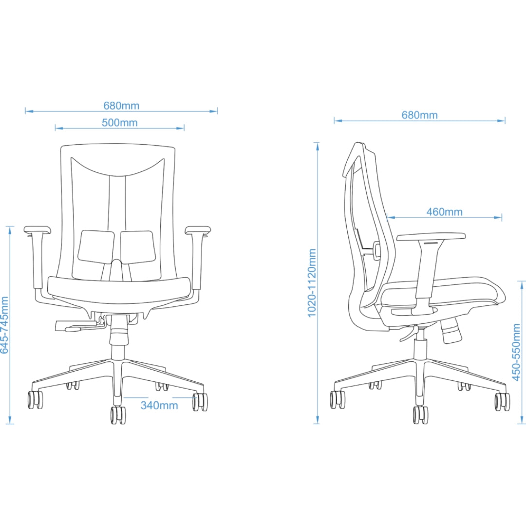 The product is an ergonomic office chair, specifically the UVI Energetic model. The image displays technical drawings showing the chair's dimensions, including its height, width, and depth, along with details of its adjustable features and design elements. The chair appears to have a modern design with a focus on comfort and support for prolonged sitting.
