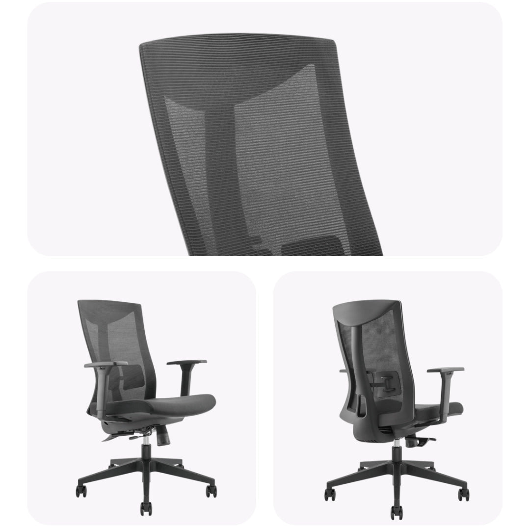 The product is an ergonomic office chair, specifically the UVI Energetic model. The image showcases multiple angles of the chair, highlighting its sleek design with a mesh back for breathability, adjustable armrests, and a comfortable seat cushion. The chair is mounted on a five-point base with wheels for mobility.