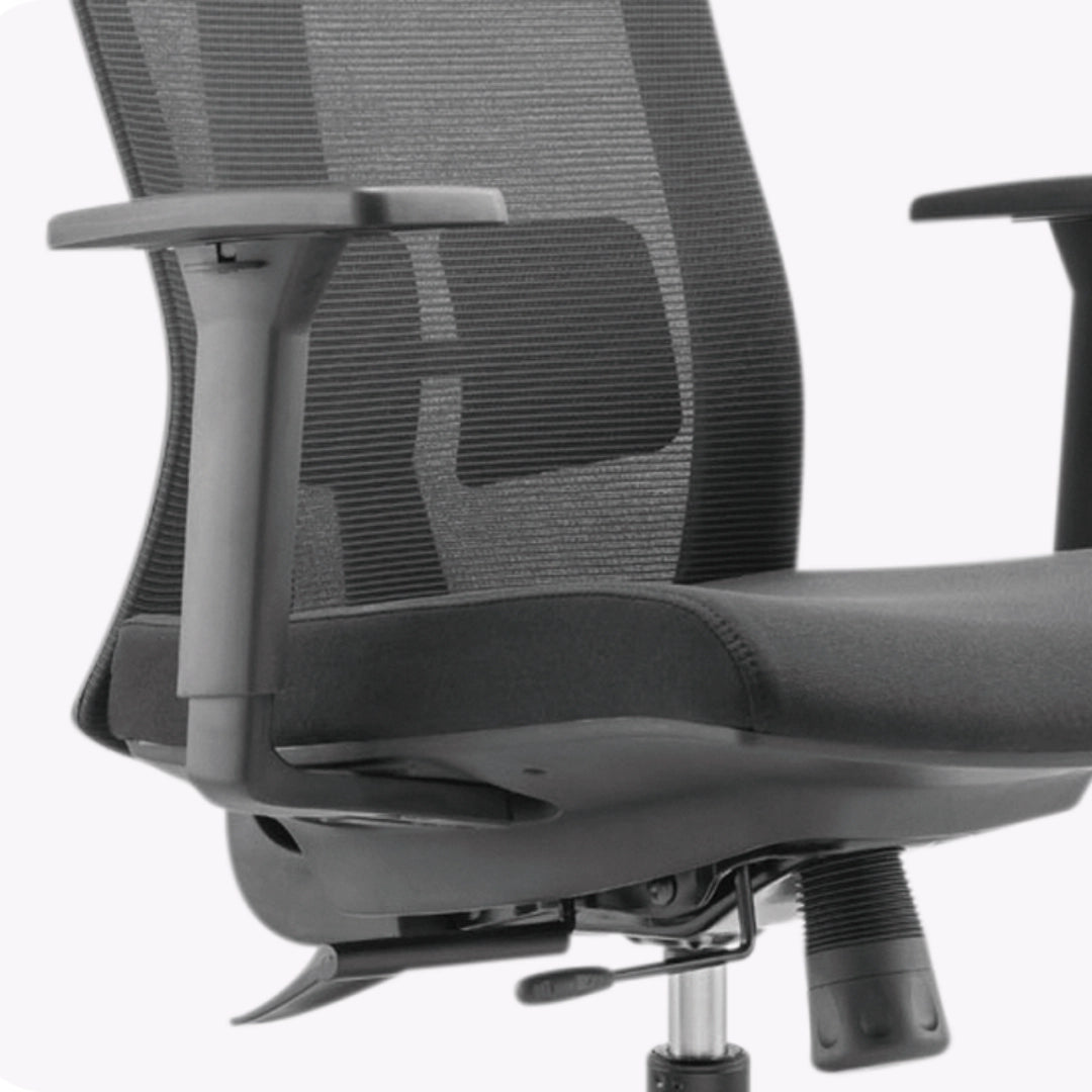 The product is an ergonomic office chair, specifically the UVI Energetic model. The image shows a close-up view of the chair's backrest and armrest, featuring a mesh design for breathability, a cushioned seat, and adjustable components for enhanced comfort.