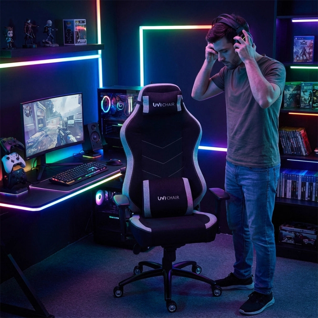 The image features a gaming ergonomic office chair, model UVI Alpha, from the brand UVI Chair. It shows a person standing near the chair in a stylish gaming setup, complete with a computer monitor displaying a game, a gaming keyboard, and colorful LED lighting in the background. The chair is designed for comfort and support during long gaming sessions.