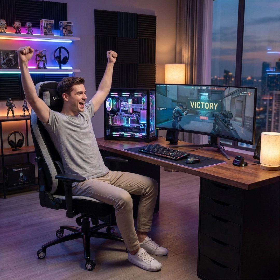 The image features a gaming ergonomic office chair from the brand UVI, model Alpha. A young man is sitting in the chair, celebrating a victory in a video game, with his arms raised in excitement. The setup includes a large monitor displaying the word "VICTORY," a gaming keyboard, and a colorful gaming PC in the background, all set