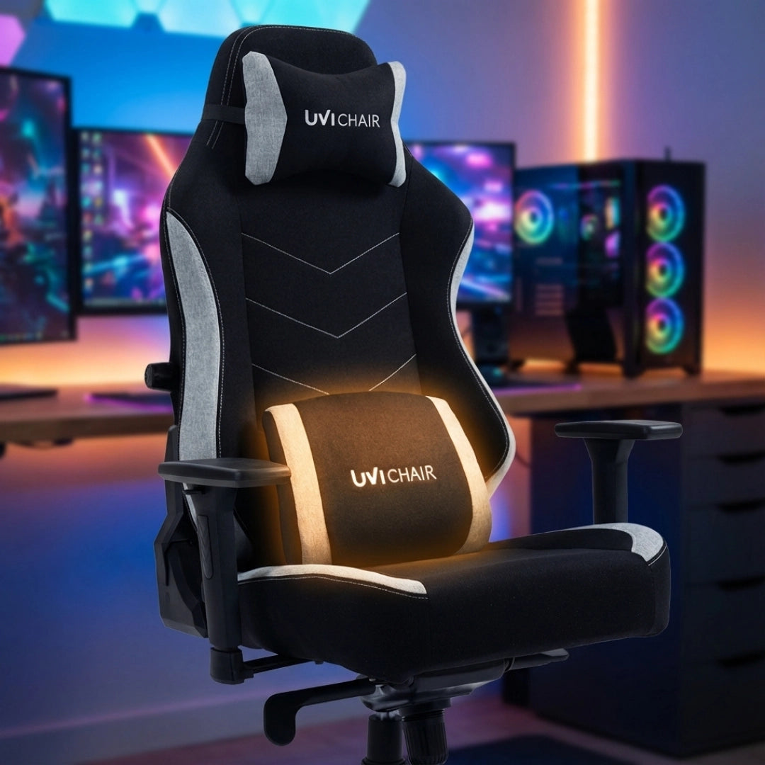 The product is an ergonomic office chair designed for gaming, specifically the UVI Alpha model. The chair features a sleek design with a black and gray color scheme, a supportive headrest, and a lumbar support cushion. It is set against a modern gaming setup, complete with colorful monitors and ambient lighting.