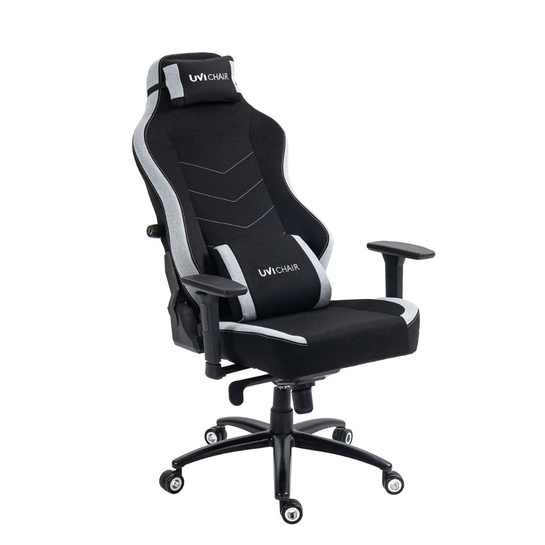 The product is an ergonomic office chair, specifically the UVI Alpha model. The chair features a sleek design with a combination of black and gray fabric, a high backrest for support, and adjustable armrests. It also includes a headrest and lumbar support cushion for added comfort, making it suitable for gaming or long hours of office use.