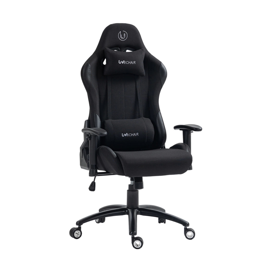 The product is an ergonomic gaming office chair, specifically the UVI Chair model. The chair features a sleek black design with a high backrest, padded seat, and adjustable armrests. It also includes a lumbar support pillow for added comfort during long gaming or work sessions.