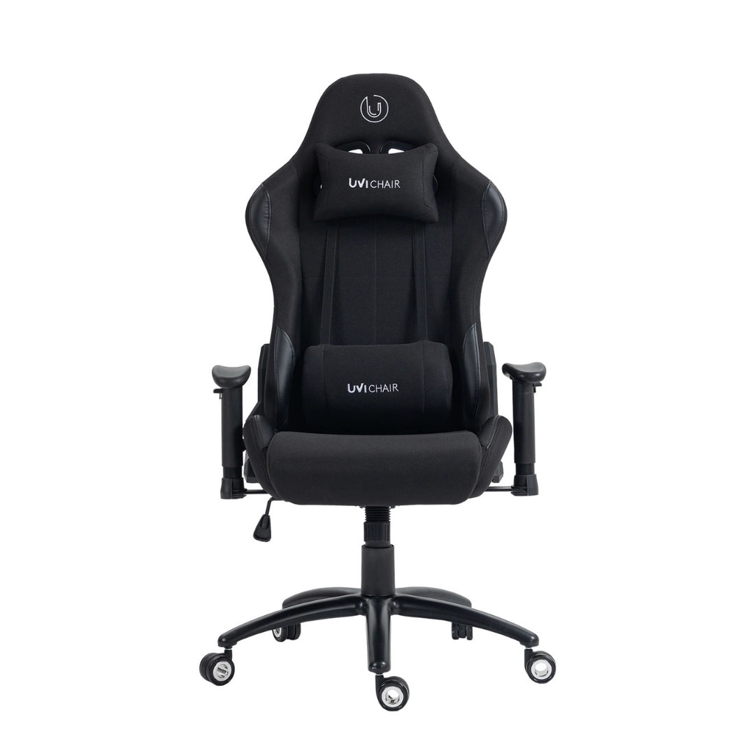 The product is an ergonomic office chair designed for gaming, specifically the UVI Chair model in black. The chair features a high backrest with adjustable lumbar support pillows, armrests, and a five-star base with wheels for mobility. The overall design emphasizes comfort and support for extended periods of sitting.