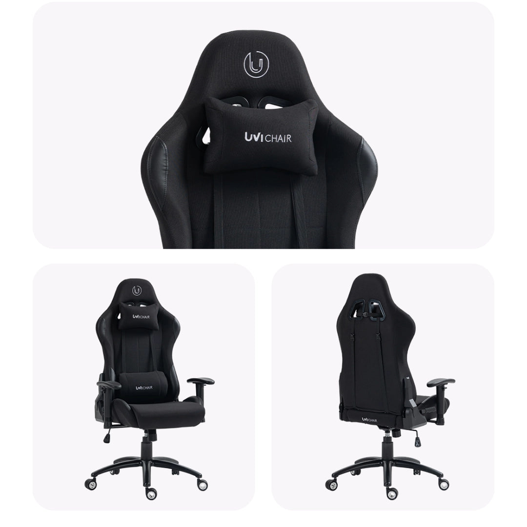 The product is an ergonomic office chair designed for gaming, specifically the Uvi Chair model. The images showcase the chair from multiple angles, highlighting its sleek black design, adjustable armrests, and a supportive headrest pillow with the Uvi Chair logo. The chair features a modern racing-style design, emphasizing comfort and support for long hours of use.
