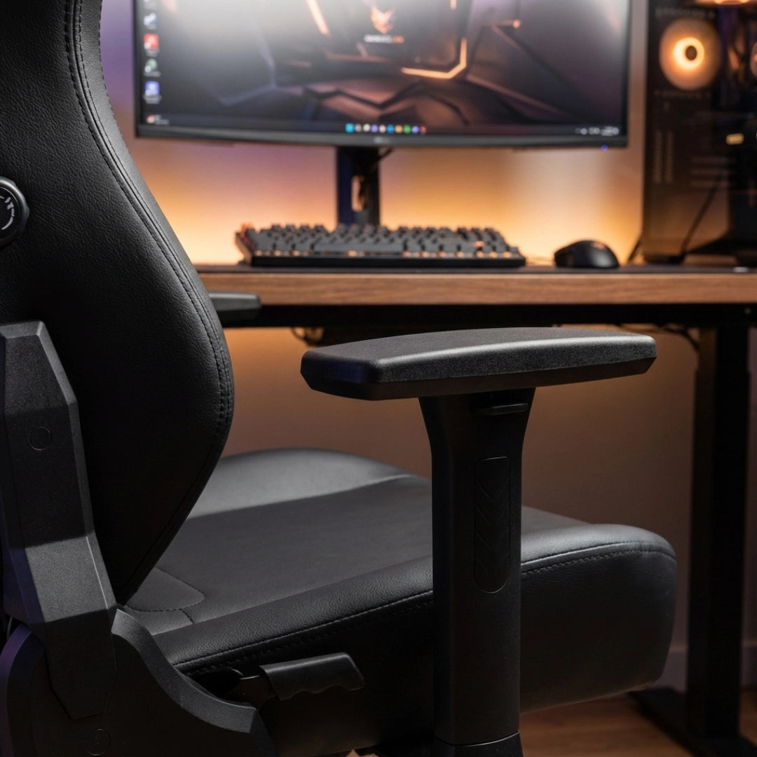 The image features an ergonomic office chair, specifically the UVI Elegant Business model. The chair is designed with a sleek black finish and includes adjustable armrests. In the background, a modern workspace is visible, complete with a computer monitor and keyboard, creating a professional setting.