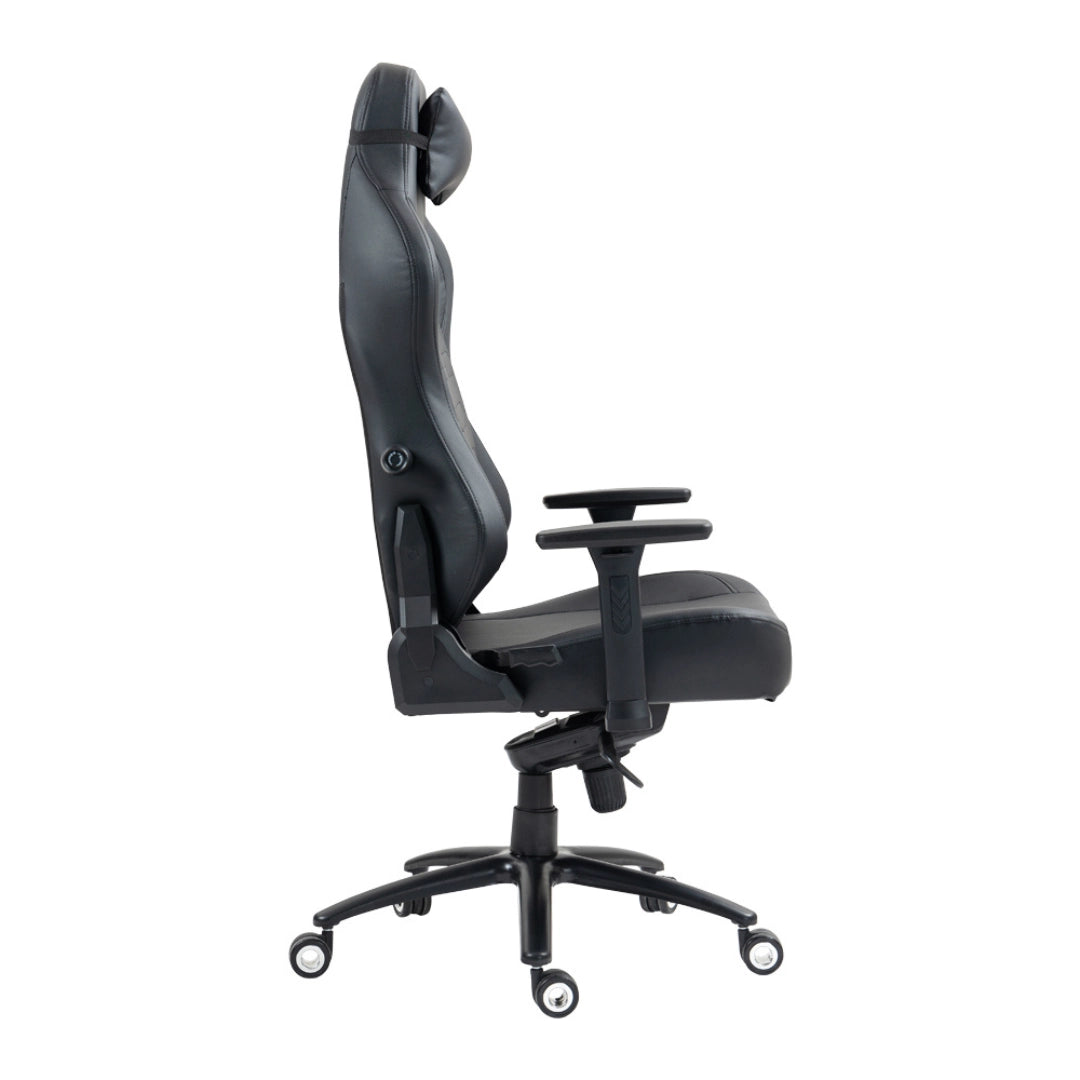 The product is an ergonomic office chair, specifically the UVI Elegant Business model. The image shows the chair from the side, highlighting its sleek design, high backrest, adjustable armrests, and a sturdy base with wheels for mobility. The chair features a black leather finish, emphasizing a professional and modern aesthetic.