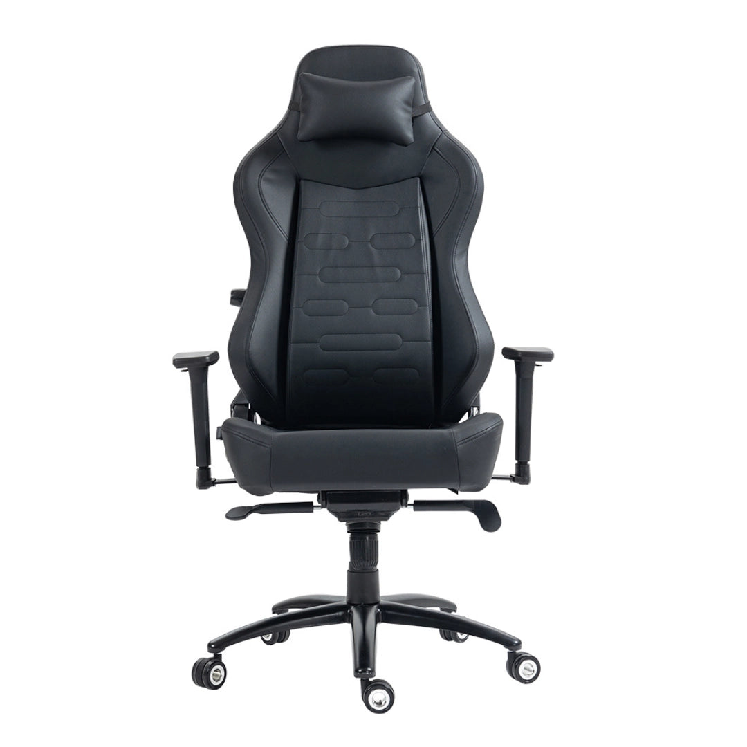 The product is an ergonomic office chair, specifically the UVI Elegant Business model. The chair features a sleek black design with a high backrest, adjustable armrests, and a supportive headrest, all designed for comfort and style in a professional setting. The base includes wheels for easy mobility.