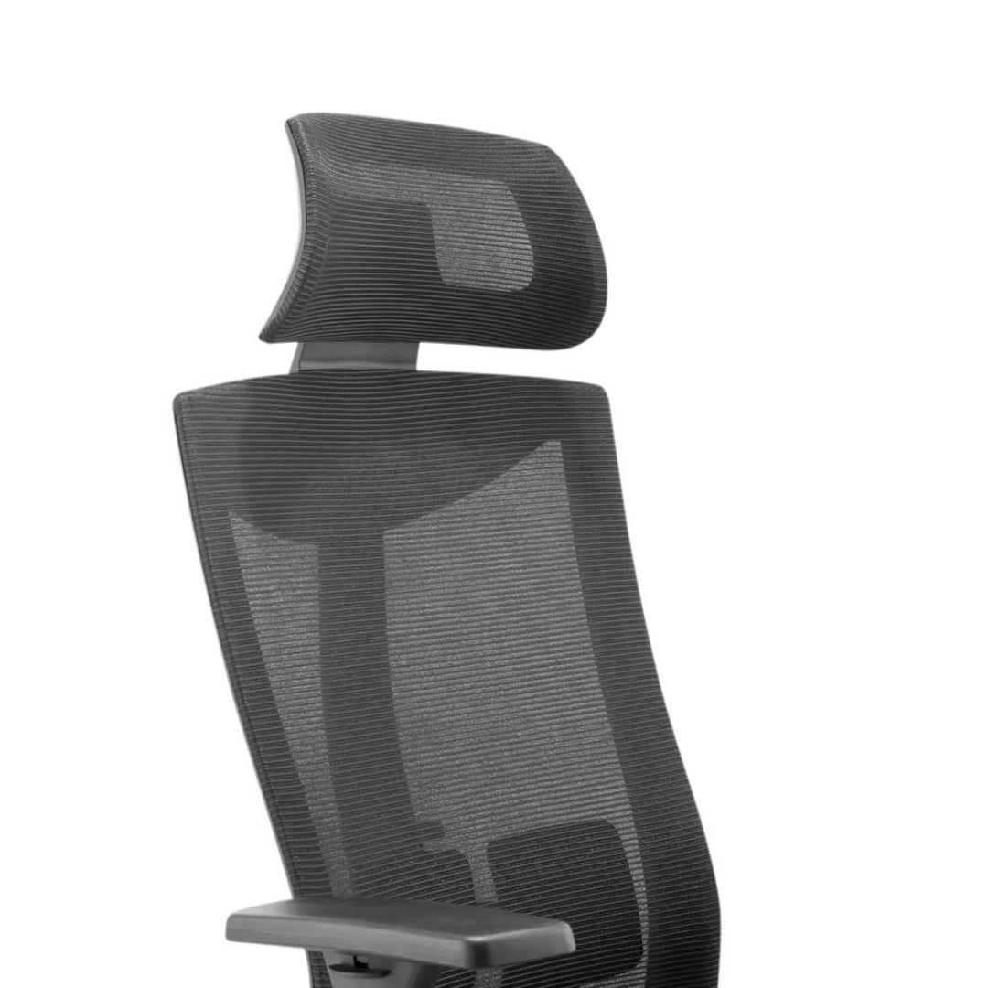 The product is an ergonomic office chair, specifically the UVI Focus model. The image showcases the chair's high backrest with a mesh design, providing support and breathability, along with adjustable armrests for added comfort.