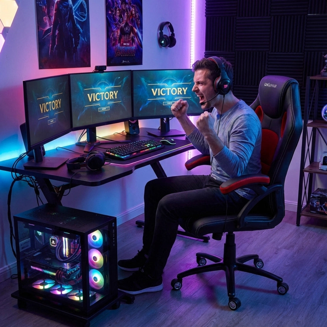 The image features an ergonomic office chair designed for gaming, specifically the UVI Hero Red model. It shows a person enthusiastically celebrating a victory while seated in the chair, with a gaming setup that includes three monitors, a colorful keyboard, and a gaming PC with RGB lighting. The overall ambiance is vibrant, enhanced by LED lights in the background.