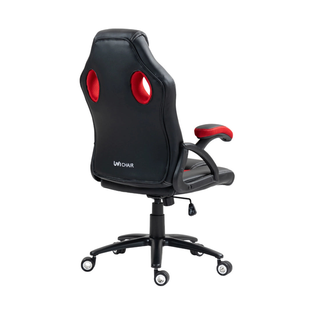 The image features an ergonomic gaming office chair model "UVI HERO" in red and black. It showcases a sleek design with a high backrest, distinctive cutouts, and padded armrests, emphasizing comfort and style suitable for both gaming and office use. The chair is mounted on a five-star base with wheels for mobility.