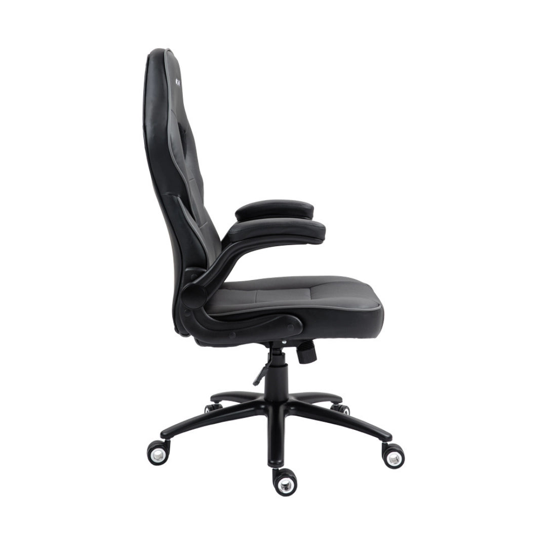 The product is an ergonomic office chair, specifically the UVI Simple Office model. The image shows the chair from the side, featuring a sleek black design with a high backrest, padded seat, and adjustable armrests, all mounted on a wheeled base for mobility.
