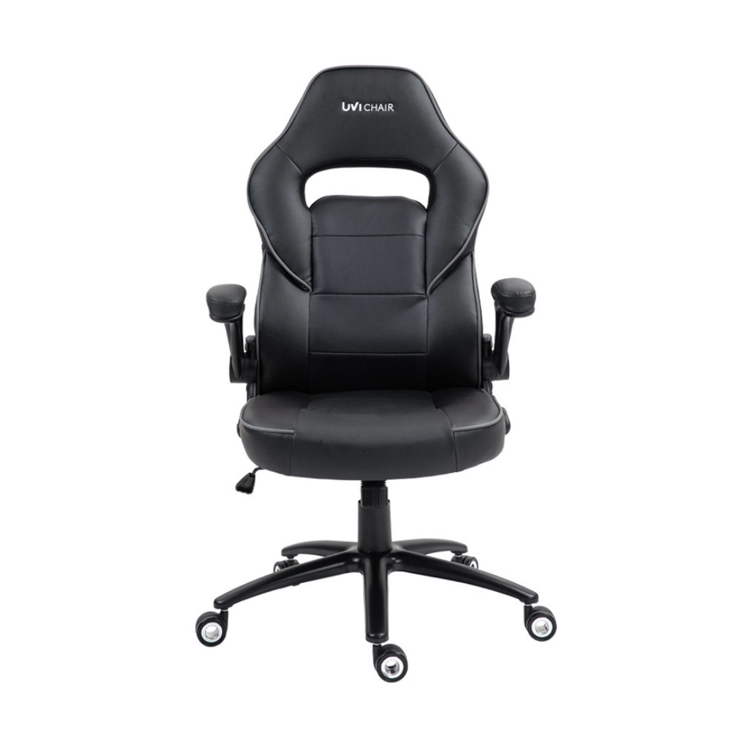 The product is an ergonomic office chair, specifically the UVI Chair model. The chair features a sleek black design with a high backrest, padded seat, and adjustable armrests, making it suitable for comfortable long hours of sitting. It is mounted on a five-point base with wheels for easy mobility.