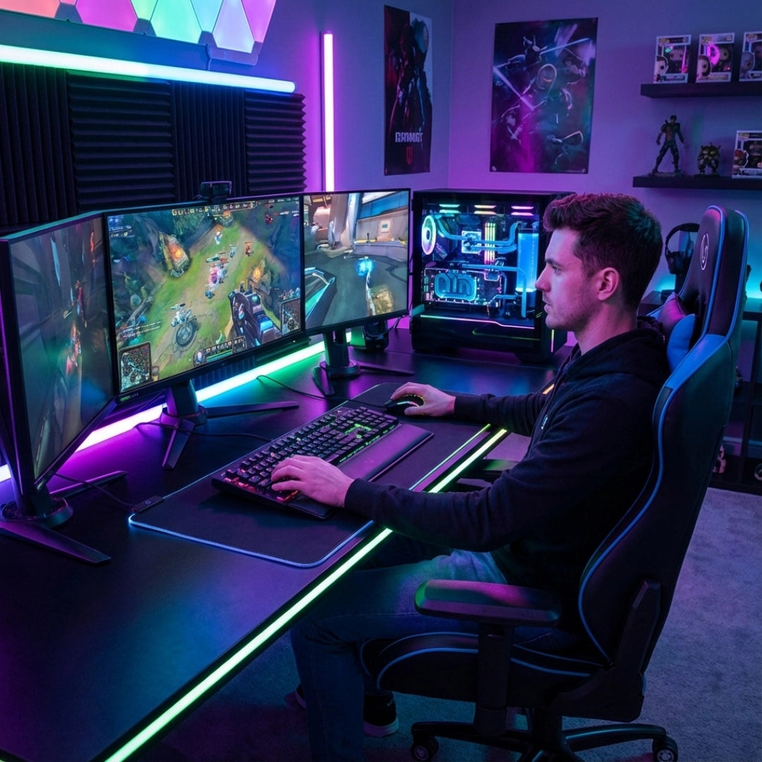 The product is an ergonomic gaming chair, specifically the UVI Sport XL in blue. The image depicts a gamer seated at a modern desk with multiple monitors displaying gameplay, surrounded by colorful LED lighting, which enhances the gaming atmosphere. The setup includes a mechanical keyboard and a gaming mouse, emphasizing a high-tech gaming environment.