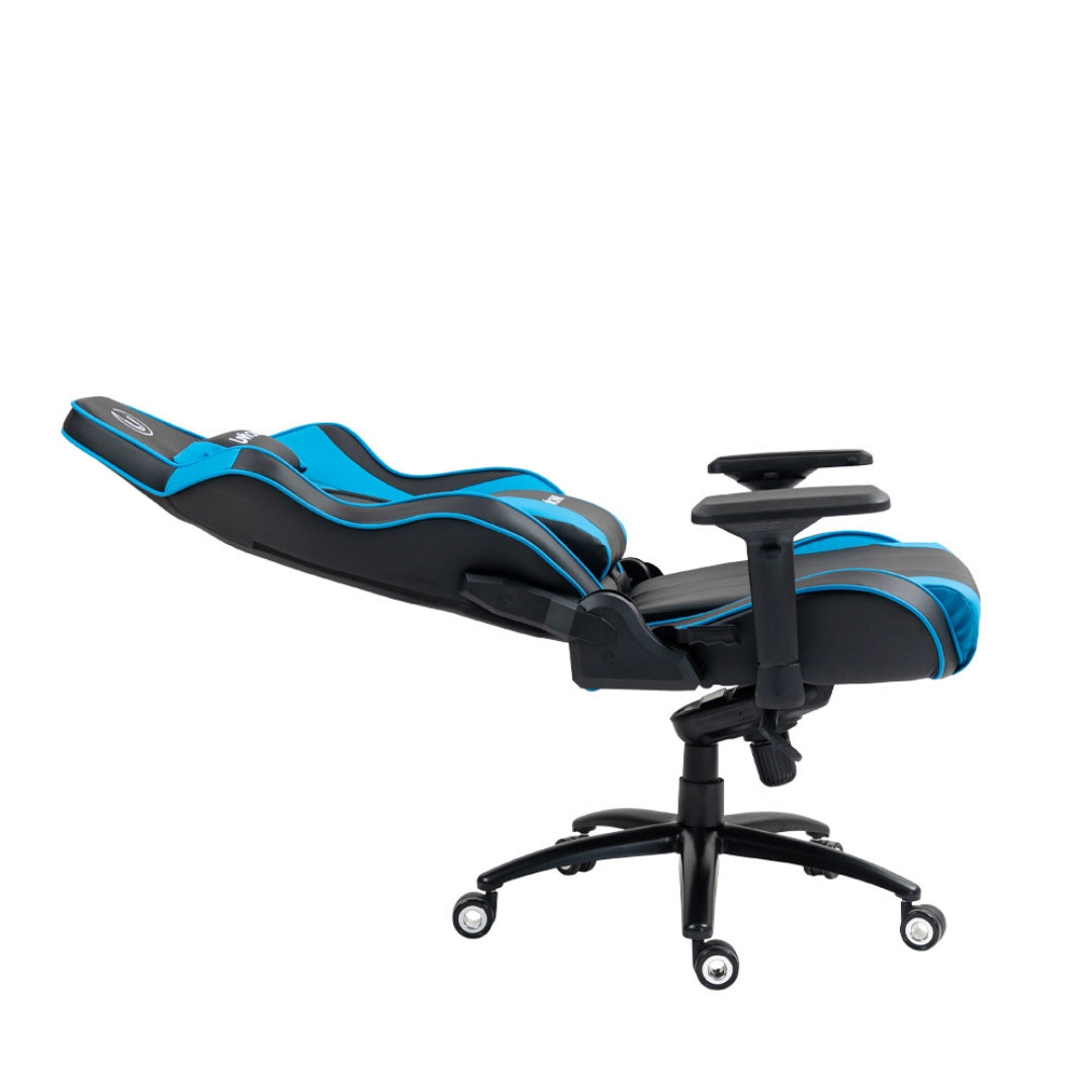 The product is an ergonomic gaming chair, specifically the UVI Sport XL model in blue. The image shows the chair reclined, featuring a sleek design with blue accents against a black base, and it includes adjustable armrests and a five-point wheeled base for mobility.