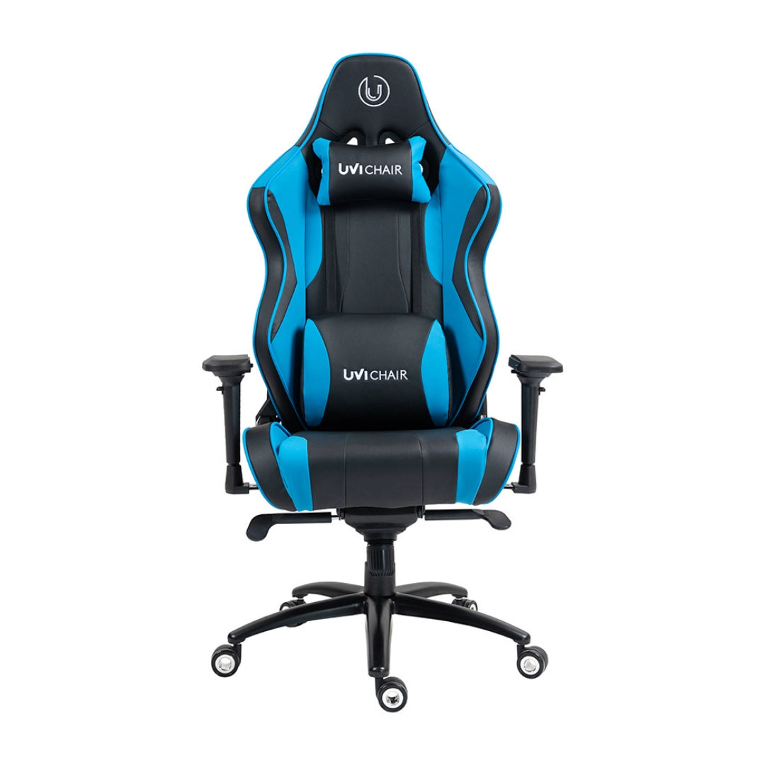 The product is an ergonomic gaming chair from the brand UVI, specifically the model "UVI Sport XL" in blue. The chair features a sleek design with a combination of black and blue colors, providing adjustable armrests and a supportive headrest, making it suitable for long gaming sessions.