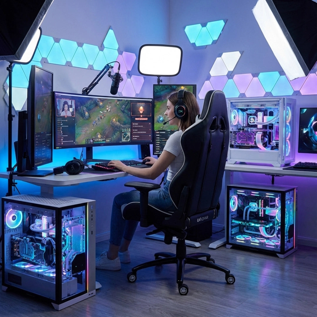 The image features a gaming chair, specifically the UVI Sport XL in white. It showcases a modern gaming setup, with a woman seated in the chair while using a multi-monitor arrangement. The desk is equipped with a gaming keyboard and mouse, and there are two gaming PCs with colorful LED lighting visible beside her. The background is illuminated with ambient lighting,