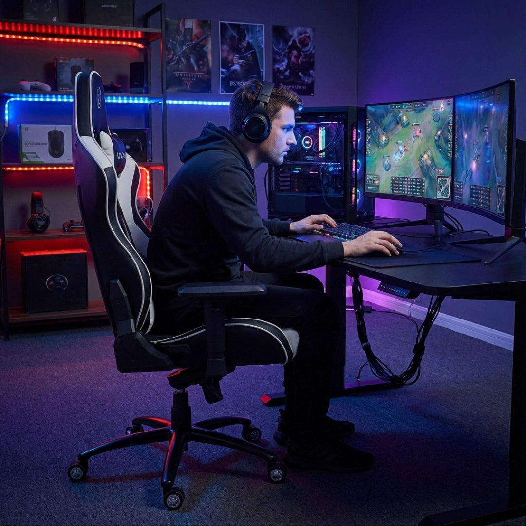 The image features an ergonomic gaming chair, specifically the UVI Sport XL in white. It shows a person sitting comfortably while gaming at a desk with dual monitors, surrounded by a well-lit gaming setup that includes colorful LED lights and gaming accessories.
