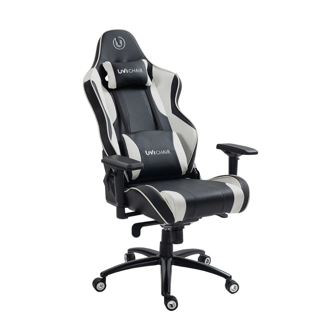 The product is an ergonomic gaming chair designed for comfort during long gaming sessions. It is from the brand UVI Chair and features a sleek black and white design with adjustable armrests and lumbar support pillows. The chair has a modern look with a high backrest, suitable for gaming or office use.