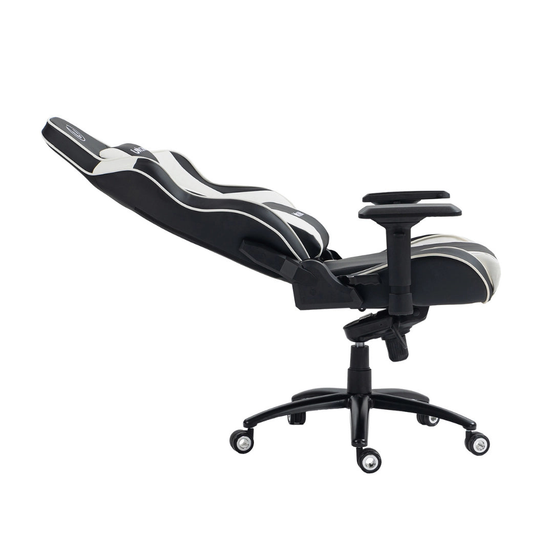 The product is an ergonomic gaming chair designed for comfort during long hours of use. It features a sleek design with a white and black color scheme. The chair is adjustable, with a reclining backrest and armrests, making it suitable for gaming or office use.