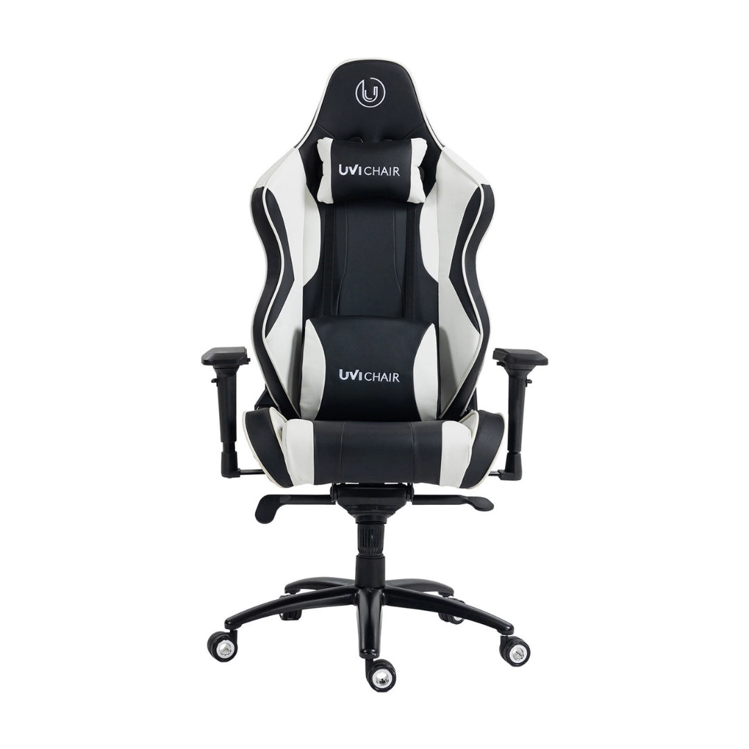 The product is an ergonomic gaming chair, specifically the UVI Chair model in a black and white color scheme. The chair features a high backrest with supportive cushions, adjustable armrests, and a sturdy base with wheels for mobility. Its design is sleek and modern, suitable for gaming or office use.
