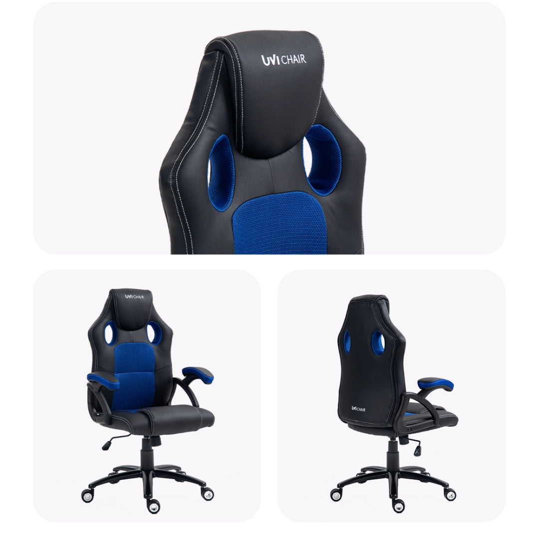 The product is an ergonomic gaming chair, specifically the UVI Chair model "Storm Blue." The images show various angles of the chair, highlighting its sleek design with a combination of black and blue colors, padded seating, and cut-out sections for ventilation. The chair features adjustable armrests and a high back for added support, making it suitable for long gaming