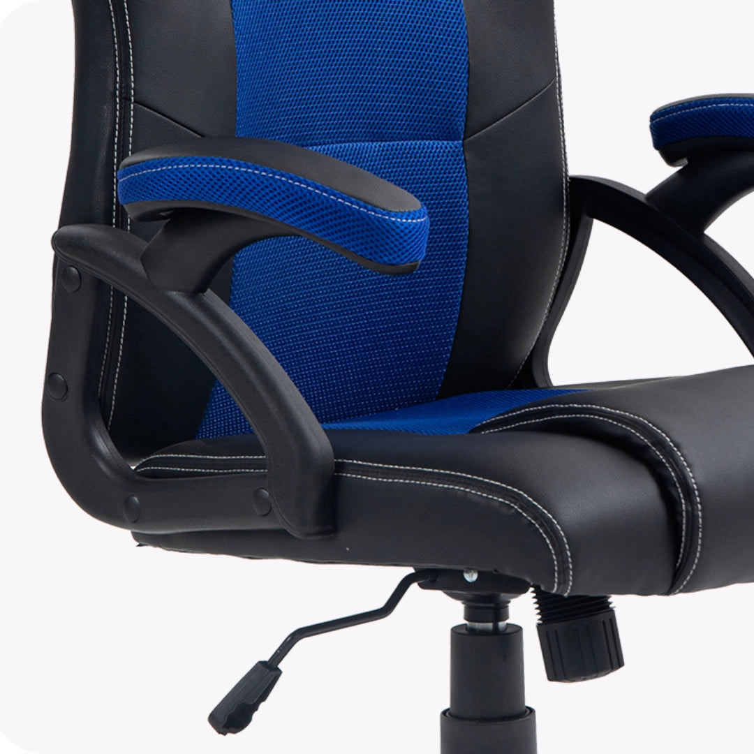 The product is a gaming chair, specifically the UVI Storm Blue model. The image showcases a chair with a combination of black and blue mesh and faux leather materials, featuring adjustable armrests and a lever for height adjustment.