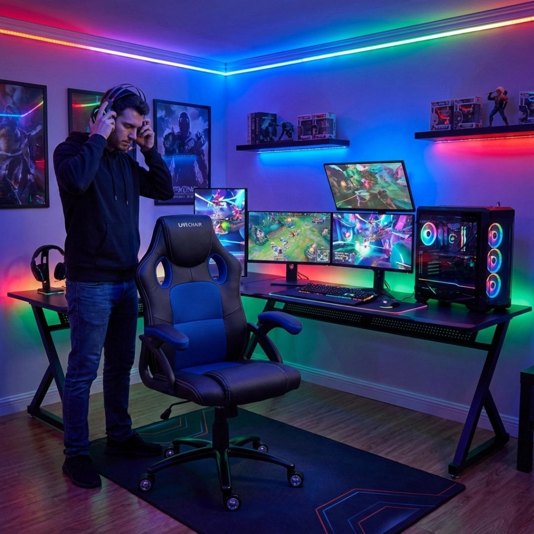 The image features an ergonomic gaming chair, specifically the UVI Chair model "Storm Blue." The chair is designed with a combination of black and blue materials, showcasing a sporty aesthetic. In the background, a gamer stands near a desk equipped with multiple monitors displaying gameplay, along with a gaming PC that has colorful lighting, creating a vibrant gaming environment.