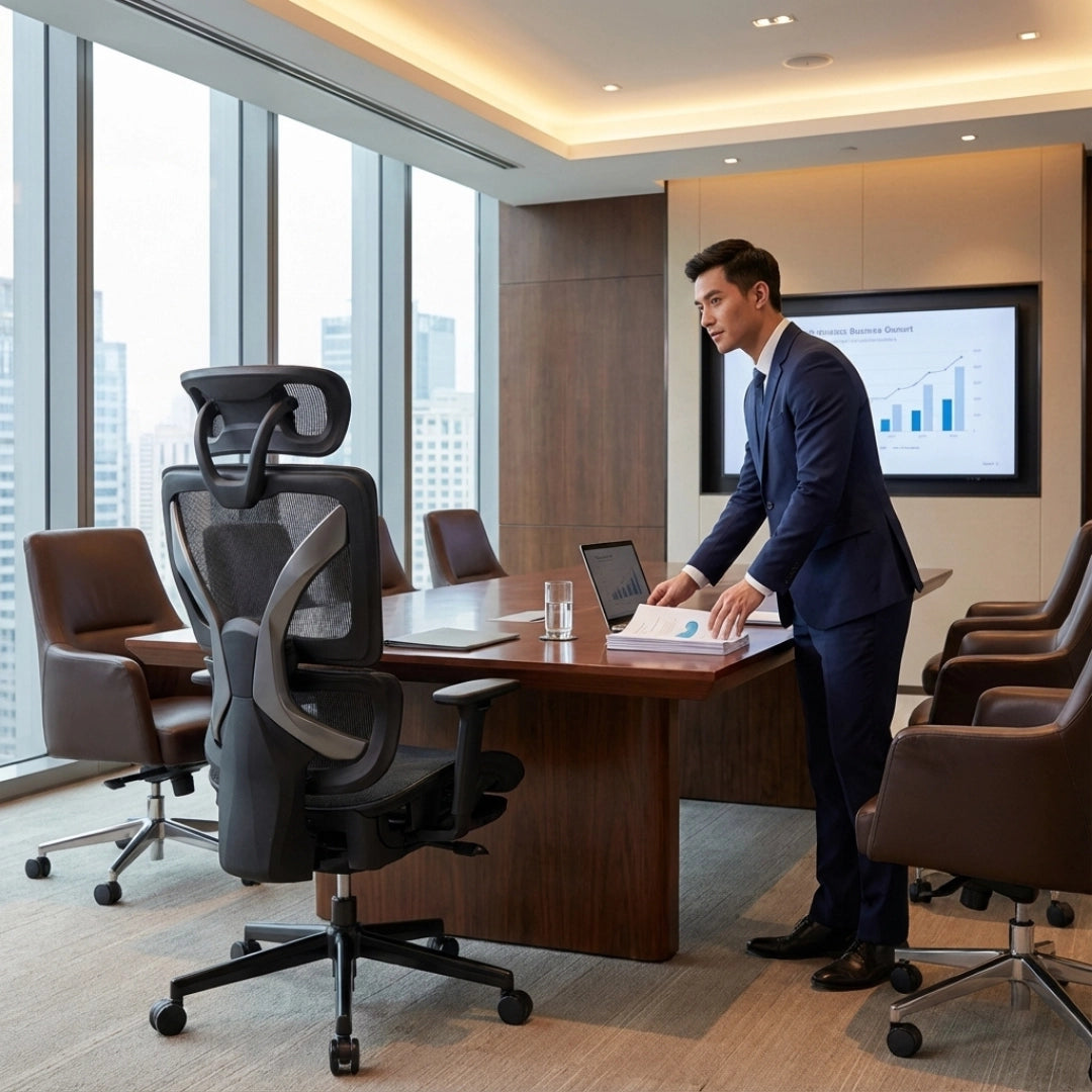 The image features an ergonomic office chair, specifically the UVI Focus Pro model. It is positioned in a modern conference room setting, showcasing a sleek design with a mesh back for breathability. A man in a suit is seen preparing documents at a conference table, with a presentation screen displaying graphs in the background.