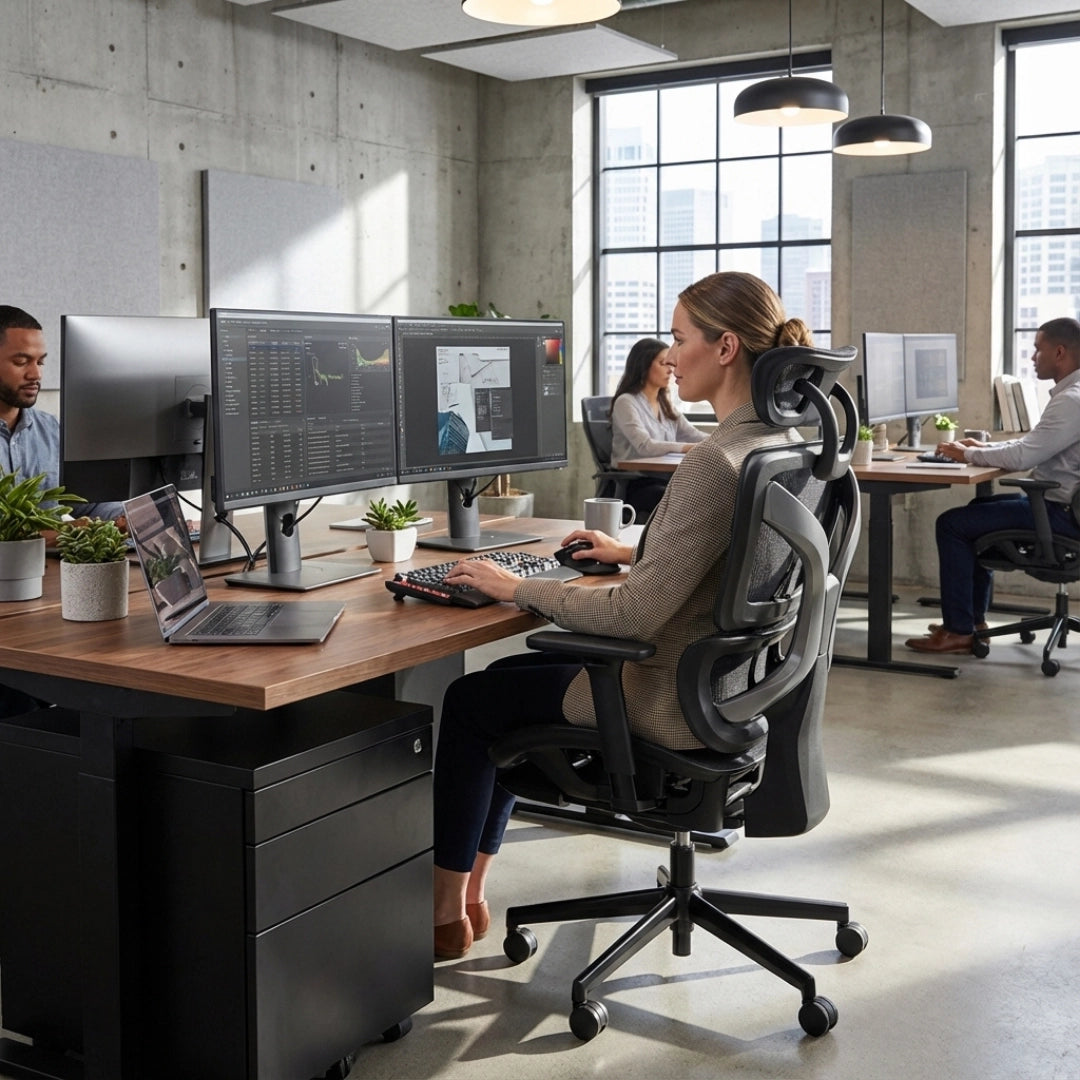 The product is an ergonomic office chair, specifically the UVI Focus Pro model. The image shows a modern office setting where a woman is seated at a desk, using a computer with dual monitors. Other colleagues are visible in the background, and the workspace features plants and a contemporary design.
