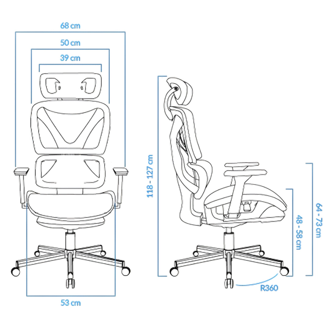 The product is an ergonomic office chair, specifically the UVI Focus Pro model. The image displays a detailed diagram with dimensions, showcasing the chair's design from both the front and side views. It features adjustable components, including the headrest and armrests, emphasizing its ergonomic design for comfort and support during long hours of use.