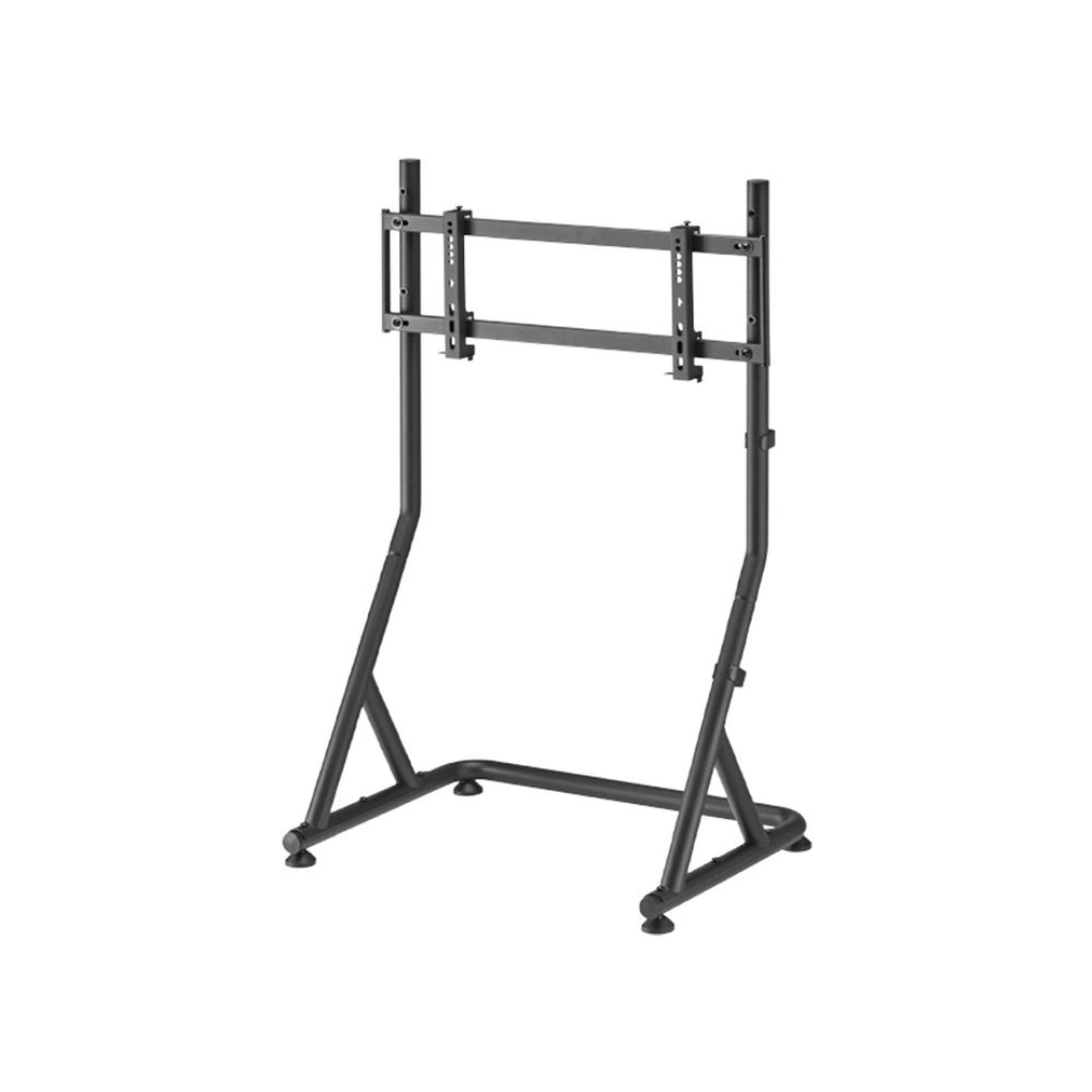 The product is a standalone monitor or TV stand designed for racing simulations. It appears to be a sturdy metal frame with adjustable mounting options for screens, suitable for gaming setups. The design is minimalistic and functional, emphasizing stability and ease of use.