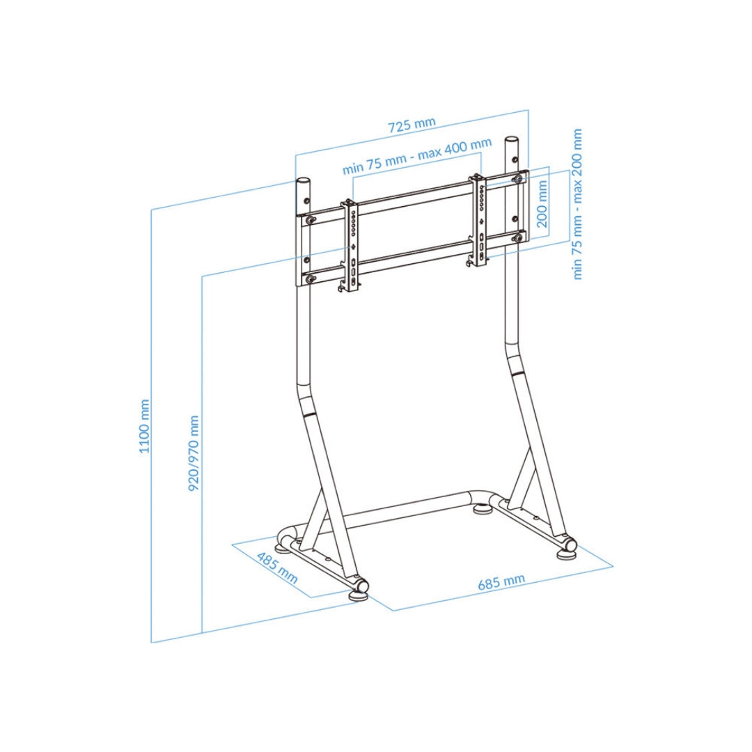 The product is a standalone monitor or TV stand designed for racing simulations, likely from the brand UVI. The image shows a technical drawing of the stand, displaying its dimensions and structural design, which includes a sturdy frame with adjustable mounting options for the monitor or TV. The stand is designed to provide stability and support during use.