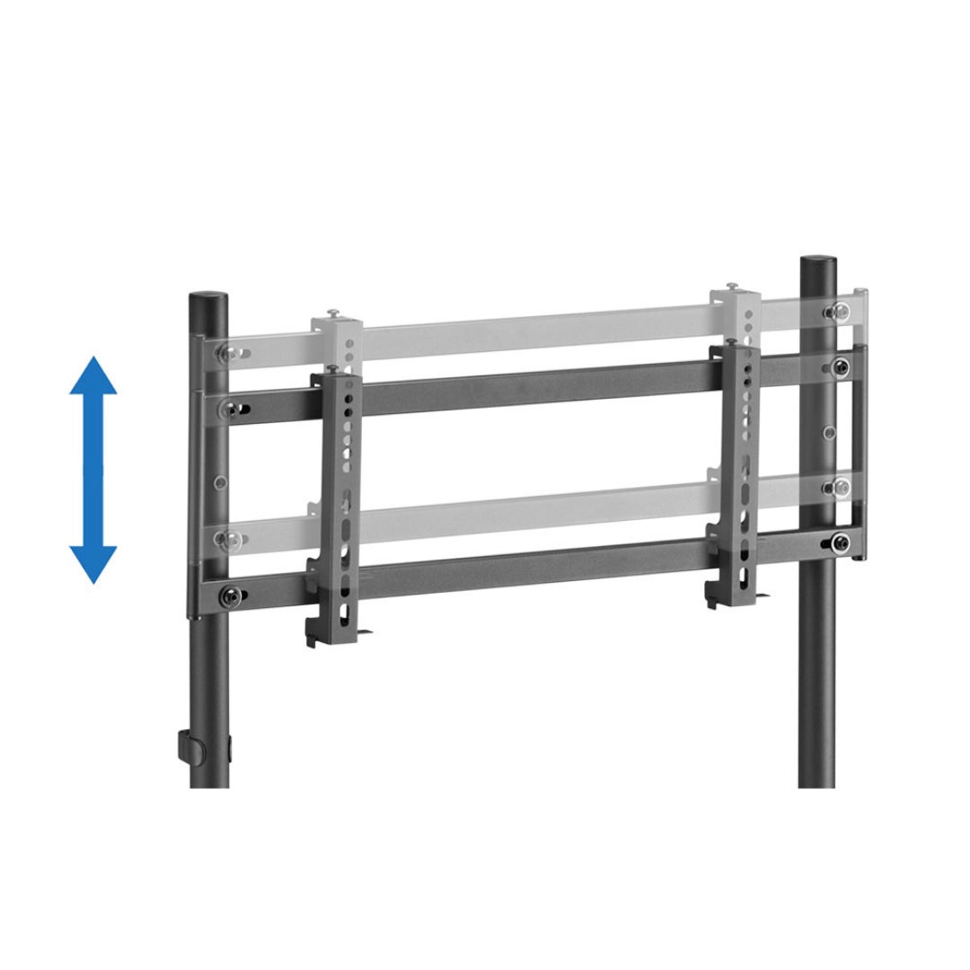The product is a monitor stand designed for racing simulations, specifically the UVI Racing Standalone Monitor TV Stand. The image shows a metallic structure with adjustable horizontal bars, allowing for height customization of the monitor setup. The design is intended to enhance the gaming experience by providing a stable and ergonomic display position.