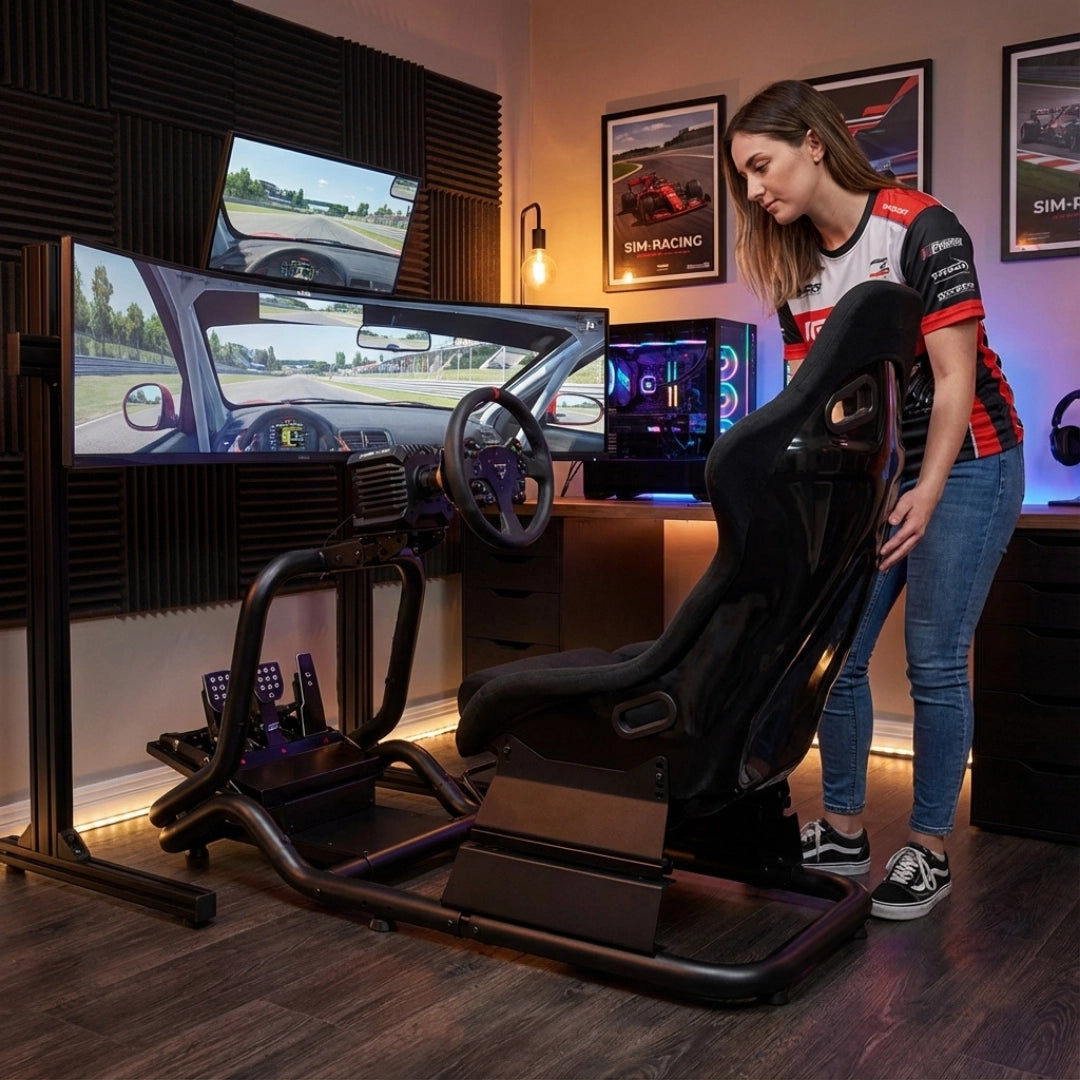 The image features a racing simulator seat, specifically the UVI Racing Seat Pro V2. This product is designed for immersive sim racing experiences, showcasing a sleek, ergonomic design with a black finish. In the scene, a woman is adjusting the seat within a gaming setup that includes multiple screens displaying a racing simulation, highlighting the seat's integration into a dedicated