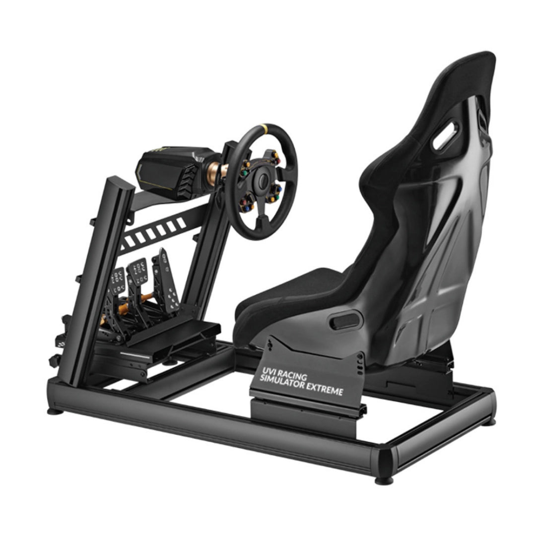The product is a racing simulator setup, specifically the UVI Racing Simulator Extreme. The image shows a sleek black racing seat mounted on a sturdy frame, complete with a steering wheel and pedal set, designed for an immersive racing experience.
