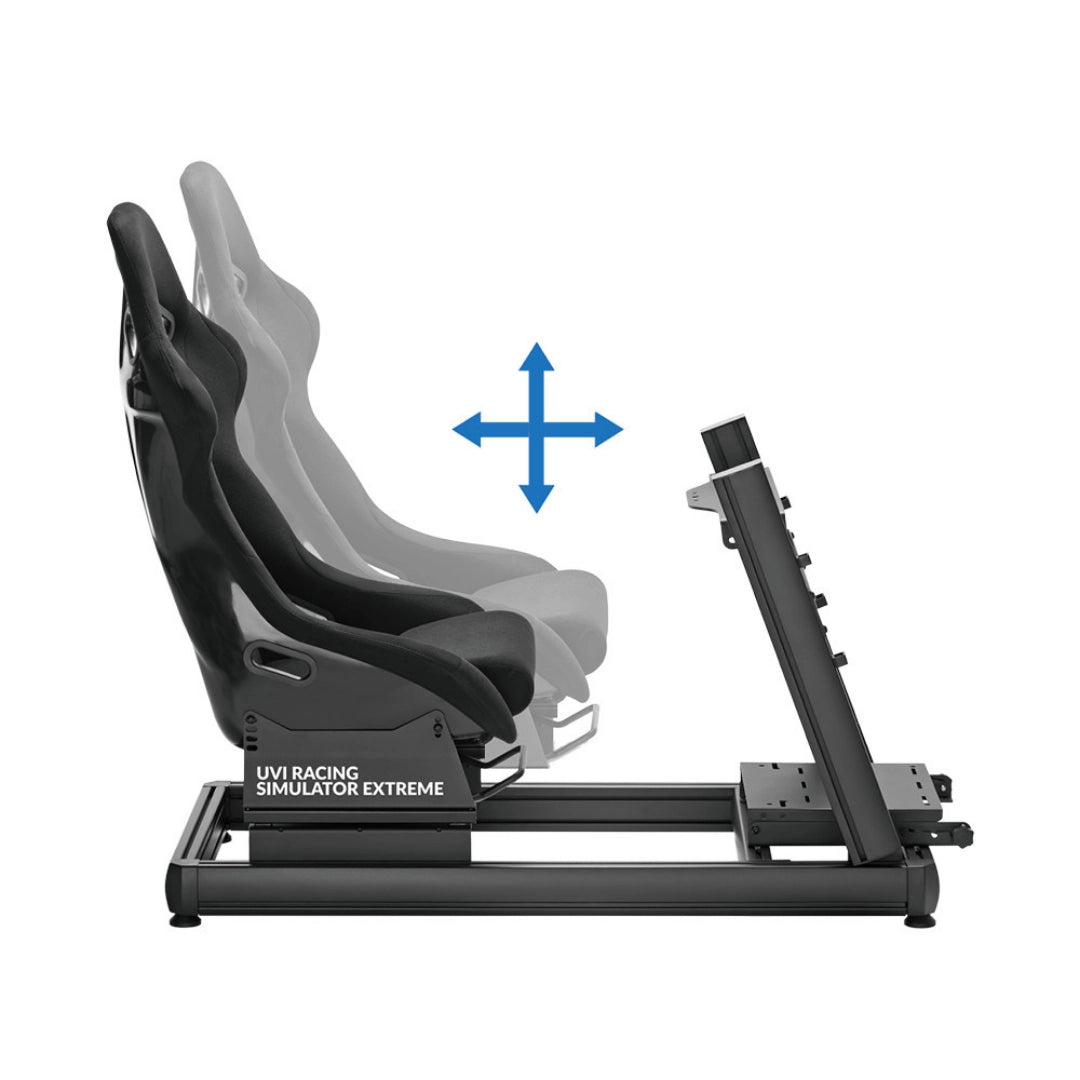 The image depicts a racing simulator seat, specifically the UVI Racing Simulator Extreme. It features a sleek design with adjustable seating positions, allowing for enhanced comfort and ergonomics during racing simulations. The frame is sturdy, designed to accommodate various user preferences.