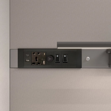 The product is a power and control module designed for acoustic meeting pods. It features multiple power outlets, USB ports, and switches for lighting and ventilation. The sleek design integrates seamlessly into the pod's interior, enhancing functionality and convenience for users.