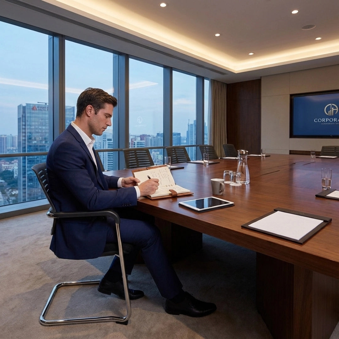 The image features a conference chair, likely an ergonomic office chair designed for meetings. The setting is a modern conference room with large windows showcasing a city view. A man in a suit is seated, writing in a notebook, with a tablet and a coffee cup on the table, emphasizing a professional atmosphere.