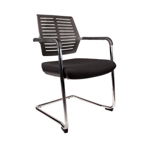 The image features a conference chair, specifically the "Confi" model. It has a modern design with a black slatted backrest and a cushioned black seat, supported by a sleek chrome frame. This chair is suitable for office or conference settings, providing both comfort and style.