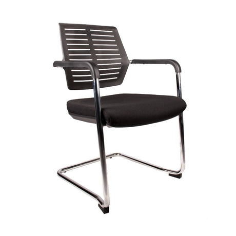 The image features a conference chair, specifically the "Confi" model. It has a modern design with a black slatted backrest and a cushioned black seat, supported by a sleek chrome frame. This chair is suitable for office or conference settings, providing both comfort and style.