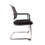 The product is an ergonomic conference chair, specifically the "conference-chair-confi." The image shows the chair from the side, highlighting its sleek design with a black padded seat and a slatted backrest, supported by a chrome frame. The chair appears modern and suitable for office or conference settings.