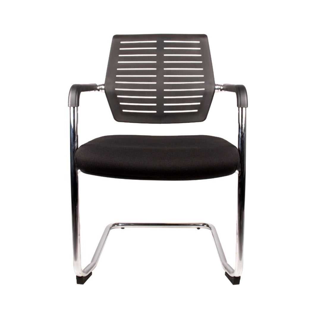 The product is a conference chair, specifically the "Confi" model. It features a sleek design with a black perforated backrest and a cushioned seat, supported by a chrome frame. The chair is suitable for office or conference settings, providing a modern and professional appearance.