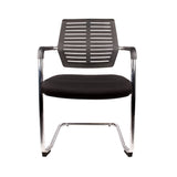 The product is a conference chair, specifically the "Confi" model. It features a sleek design with a black perforated backrest and a cushioned seat, supported by a chrome frame. The chair is suitable for office or conference settings, providing a modern and professional appearance.