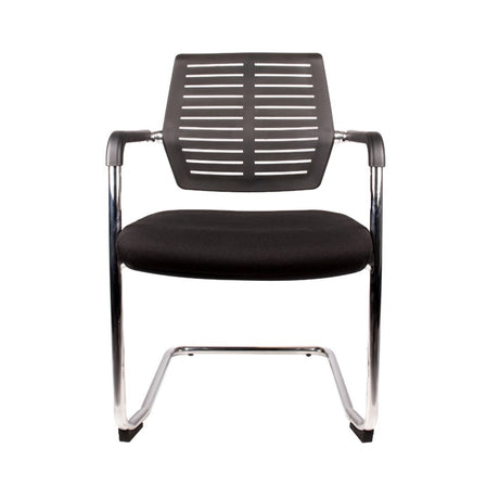 The product is a conference chair, specifically the "Confi" model. It features a sleek design with a black perforated backrest and a cushioned seat, supported by a chrome frame. The chair is suitable for office or conference settings, providing a modern and professional appearance.