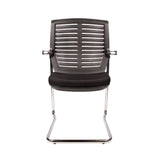 The product is a conference chair, specifically the Confi model. It features a sleek design with a black cushioned seat and a backrest made of slatted plastic, providing both comfort and ventilation. The chair has a chrome frame and armrests, making it suitable for office or conference settings.